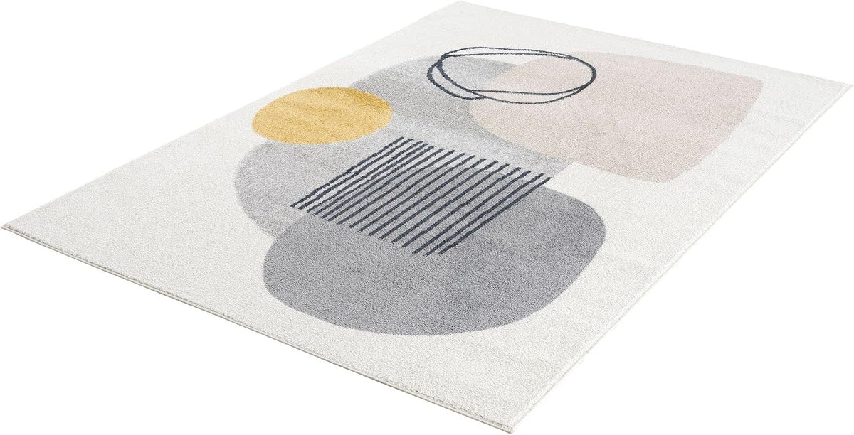 Rugs Cream and Gray 6 ft. X 9 ft. Mid-Century Rug with Circles and Lines. Neutral Tones of Cream, Gray and a pop of Yellow. Minimalistic Design Turkish Stain Resistant Area Rug.