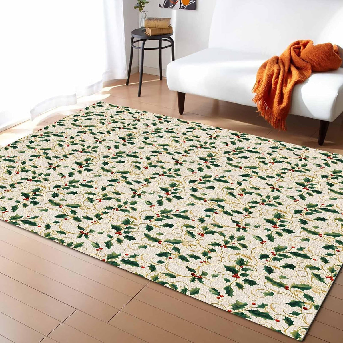 Christmas Green Yellow Berry Area Rug for Living Room 2.7x5 Modern Rug Washable Abstract Area Rug Large Non Slip Winter Botanical Xmas Plants Beige Floor Carpet Mat Soft Indoor Rug for Bedroom Nursery