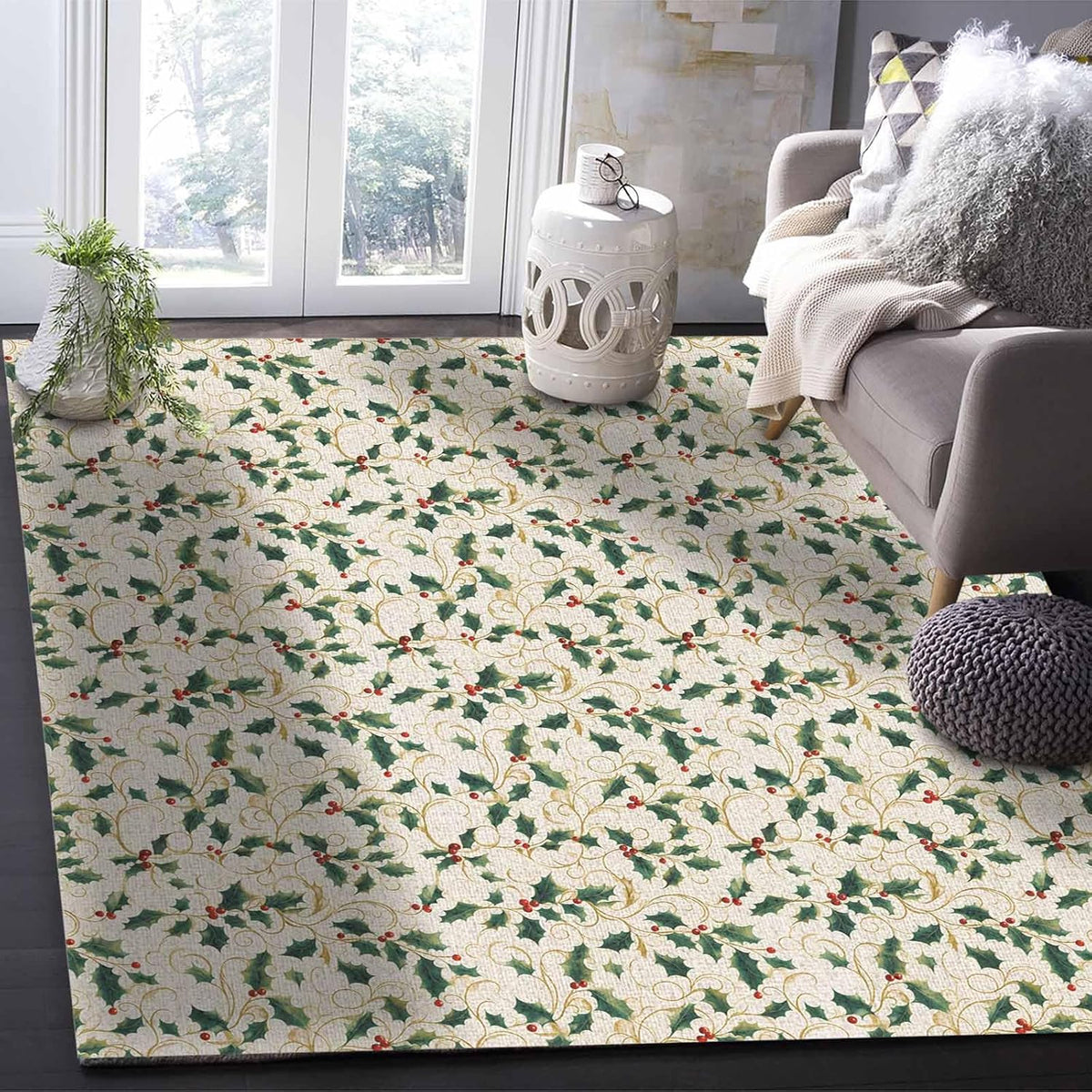 Christmas Green Yellow Berry Area Rug for Living Room 2.7x5 Modern Rug Washable Abstract Area Rug Large Non Slip Winter Botanical Xmas Plants Beige Floor Carpet Mat Soft Indoor Rug for Bedroom Nursery