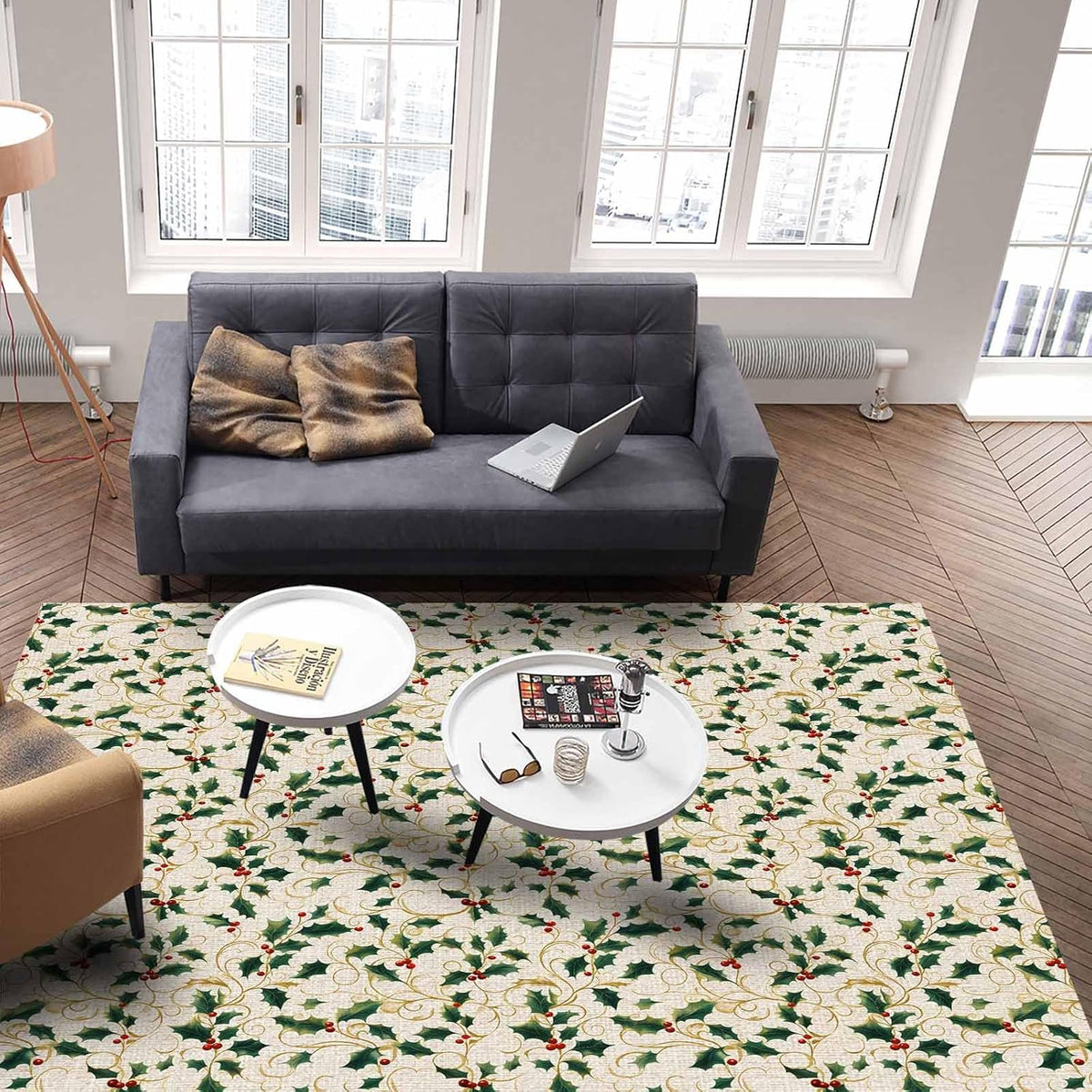 Christmas Green Yellow Berry Area Rug for Living Room 2.7x5 Modern Rug Washable Abstract Area Rug Large Non Slip Winter Botanical Xmas Plants Beige Floor Carpet Mat Soft Indoor Rug for Bedroom Nursery