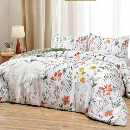 Floral Duvet Cover Full Size - White Yellow Flowers and Green Leaf Spring Botanical Printed Microfiber Comforter Cover Set - 3PC 80X90 Soft and Lightweight Quilt Cover, Farmhouse Style for Women Men