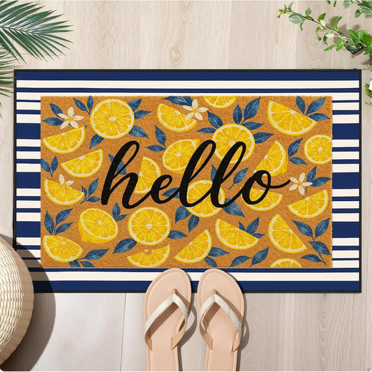 2 Pcs Lemons Doormat Set 18" x 30" Hello Lemon Outdoor Rug and 24" x 35" Navy White Striped Area Rug Italian Non-Slip Welcome Front Door Mat for Summer Indoor Outdoor Porch Entryway Decor