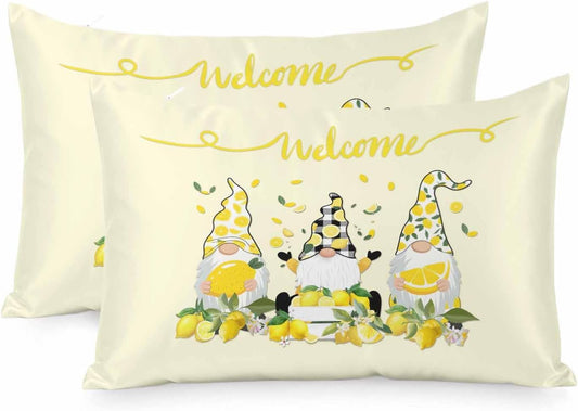 Lemon Gnomes King Standard Pillow Cases Set of 2, Vintage Fruit Yellow Welcome Satin Pillow Case Cover with Smooth Hidden Zipper Closure, Soft Throw Pillow Covers Cases for Home Decor 20X36 Inch