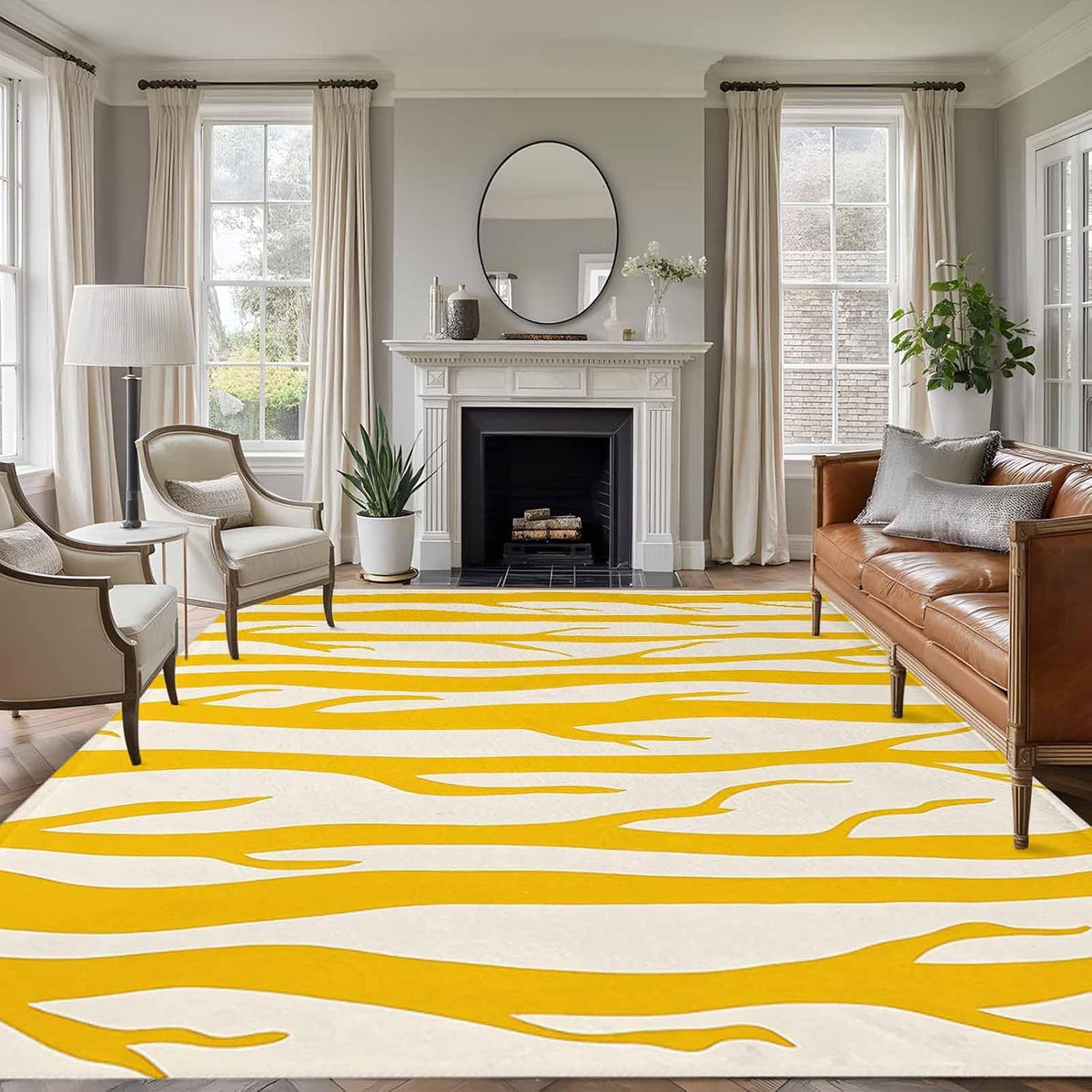 Modernism Line Washable Living Room Rugs 5'x7', Yellow Linear Abstract Composition Low Pile Throw Large Area Rugs Non-Slip Sturdy Edge Binding Carpet for Dining Room Bedside Kitchen