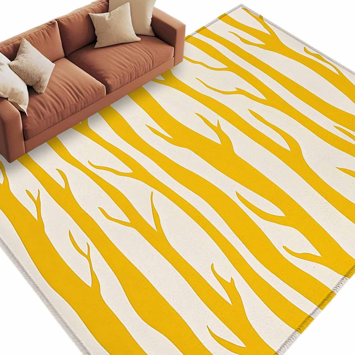 Modernism Line Washable Living Room Rugs 5'x7', Yellow Linear Abstract Composition Low Pile Throw Large Area Rugs Non-Slip Sturdy Edge Binding Carpet for Dining Room Bedside Kitchen