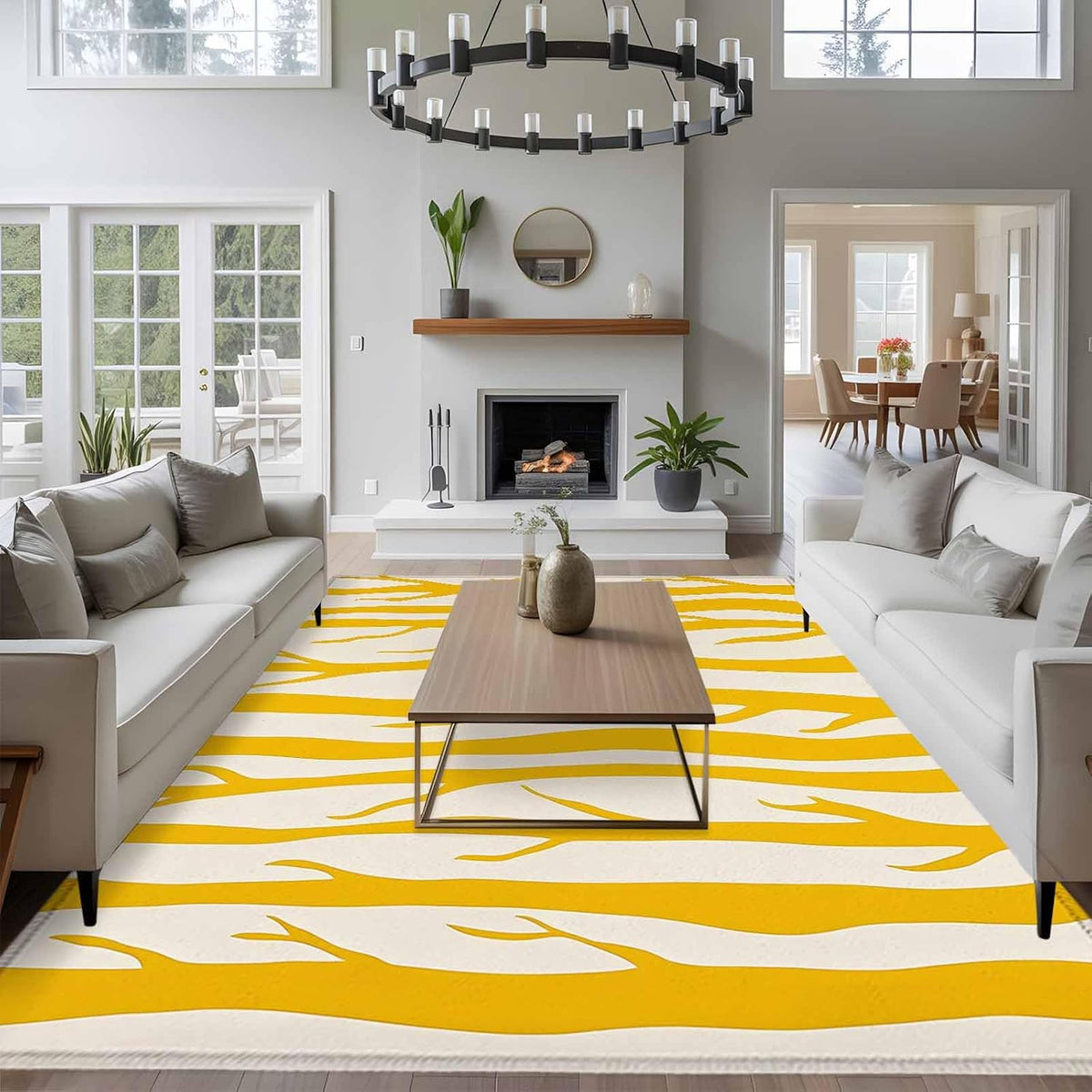 Modernism Line Washable Living Room Rugs 5'x7', Yellow Linear Abstract Composition Low Pile Throw Large Area Rugs Non-Slip Sturdy Edge Binding Carpet for Dining Room Bedside Kitchen