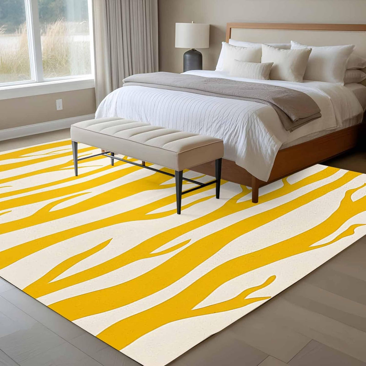 Modernism Line Washable Living Room Rugs 5'x7', Yellow Linear Abstract Composition Low Pile Throw Large Area Rugs Non-Slip Sturdy Edge Binding Carpet for Dining Room Bedside Kitchen