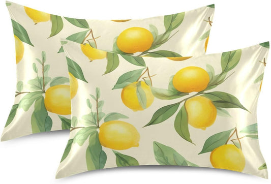Lemons Leaves Flowers Yellow Satin Pillowcase for Hair and Skin Body Bed Pillow Cases Standard Size 20"X26" Pillow Case Protector with Envelope Closure for Women