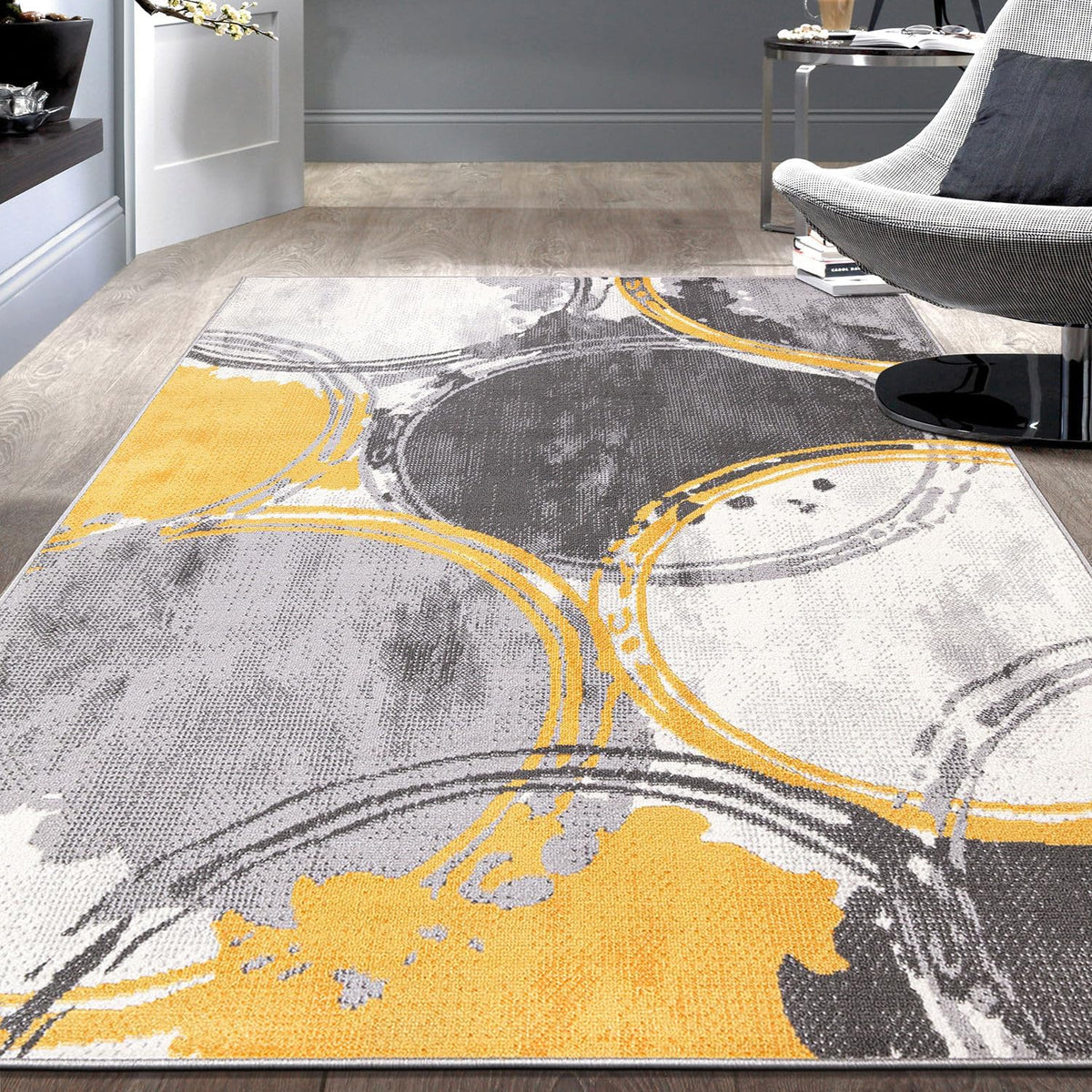 Circles Evora Contemporary Modern Large Area Rug Yellow 7'10" x 10'
