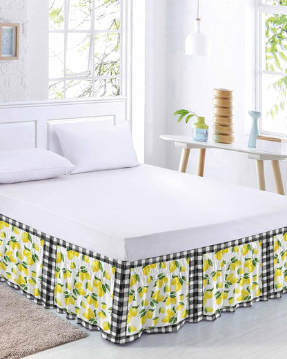 Yellow Lemon Bed Skirt Queen Size 16 Inch Drop, Adjustable Elastic Wrap Around Bed Skirts Easy Fitting Dust Ruffle Bedskirt Bed Frame Cover Summer Botanical Black Plaid Farmhouse