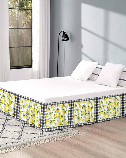 Yellow Lemon Bed Skirt Queen Size 16 Inch Drop, Adjustable Elastic Wrap Around Bed Skirts Easy Fitting Dust Ruffle Bedskirt Bed Frame Cover Summer Botanical Black Plaid Farmhouse