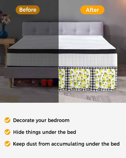 Yellow Lemon Bed Skirt Queen Size 16 Inch Drop, Adjustable Elastic Wrap Around Bed Skirts Easy Fitting Dust Ruffle Bedskirt Bed Frame Cover Summer Botanical Black Plaid Farmhouse