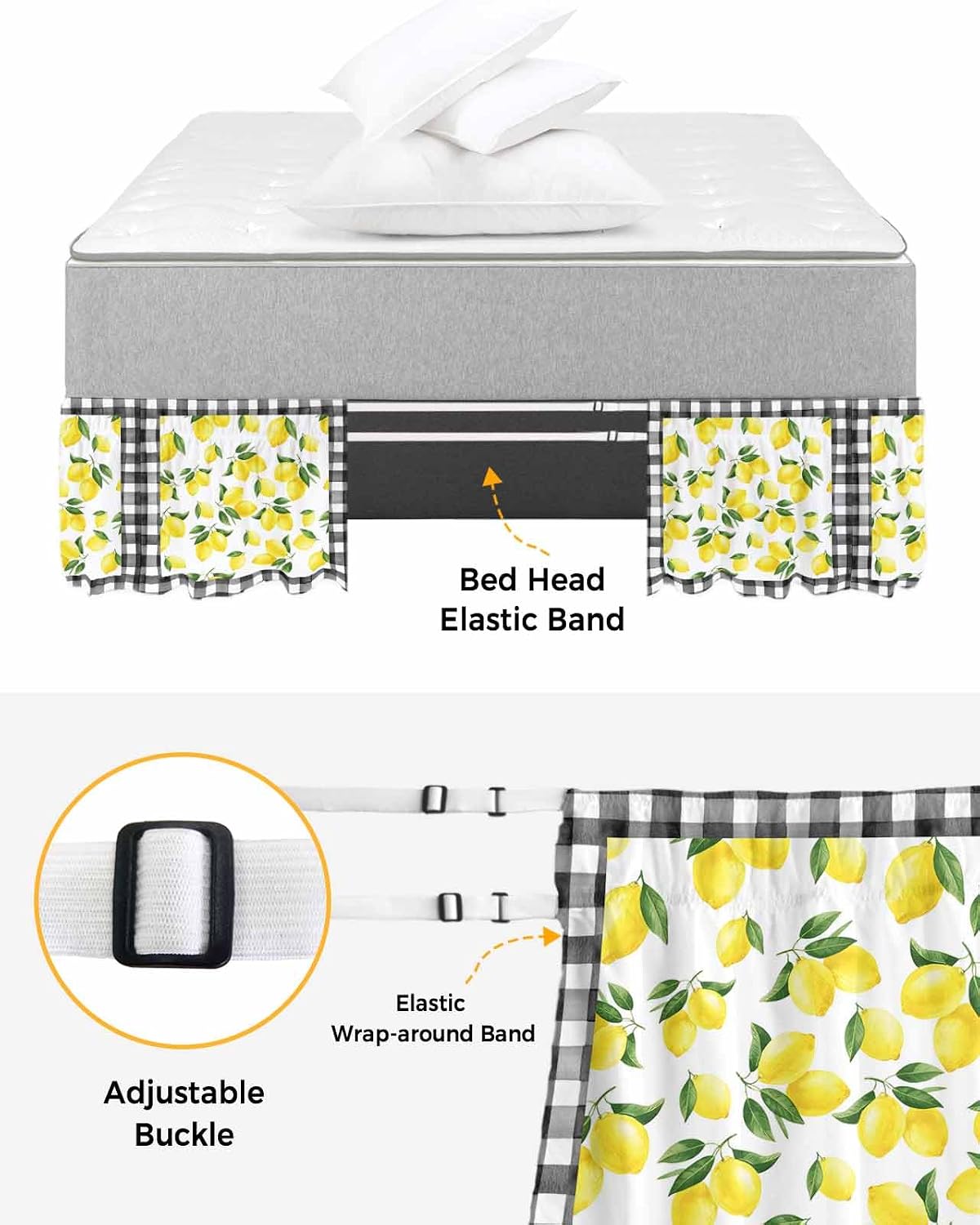 Yellow Lemon Bed Skirt Queen Size 16 Inch Drop, Adjustable Elastic Wrap Around Bed Skirts Easy Fitting Dust Ruffle Bedskirt Bed Frame Cover Summer Botanical Black Plaid Farmhouse