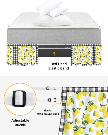 Yellow Lemon Bed Skirt Queen Size 16 Inch Drop, Adjustable Elastic Wrap Around Bed Skirts Easy Fitting Dust Ruffle Bedskirt Bed Frame Cover Summer Botanical Black Plaid Farmhouse