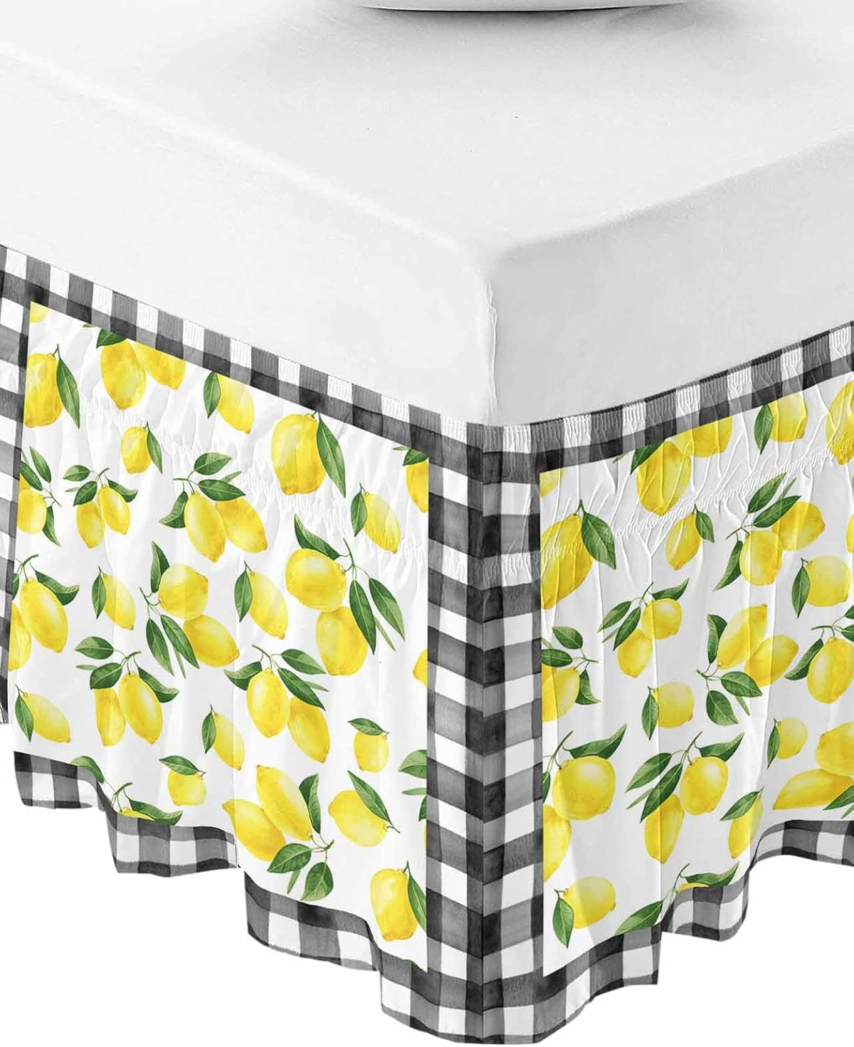 Yellow Lemon Bed Skirt Queen Size 16 Inch Drop, Adjustable Elastic Wrap Around Bed Skirts Easy Fitting Dust Ruffle Bedskirt Bed Frame Cover Summer Botanical Black Plaid Farmhouse