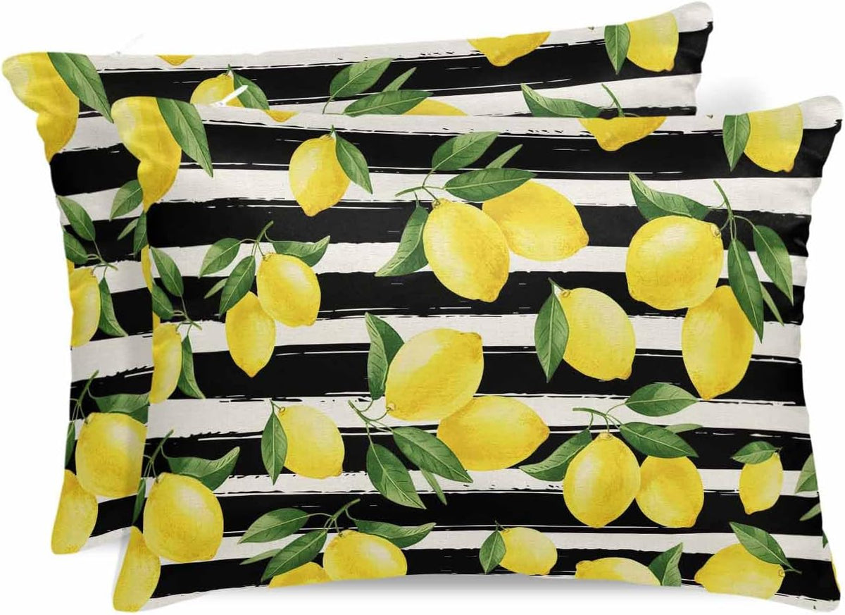 Yellow Lemons Pillow Cases Standard Size Set of 2, Summer Citrus Fruits Leaves Black Stripes Satin Pillowcase with Zipper for Hair/Skin, Decorative Pillow Covers for Bed/Couch/Sofa, 20x26 Inches