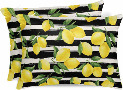 Yellow Lemons Pillow Cases Standard Size Set of 2, Summer Citrus Fruits Leaves Black Stripes Satin Pillowcase with Zipper for Hair/Skin, Decorative Pillow Covers for Bed/Couch/Sofa, 20x26 Inches