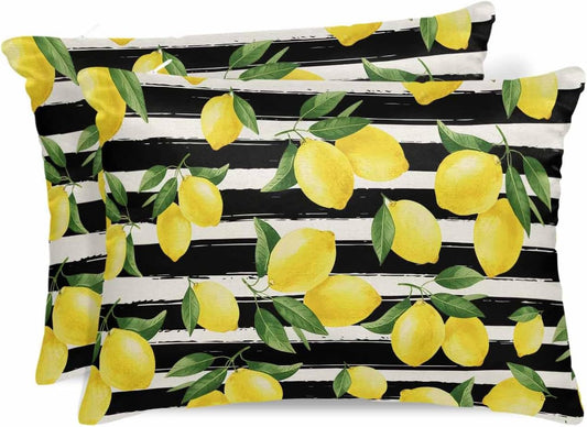 Yellow Lemons Pillow Cases Standard Size Set of 2, Summer Citrus Fruits Leaves Black Stripes Satin Pillowcase with Zipper for Hair/Skin, Decorative Pillow Covers for Bed/Couch/Sofa, 20x26 Inches