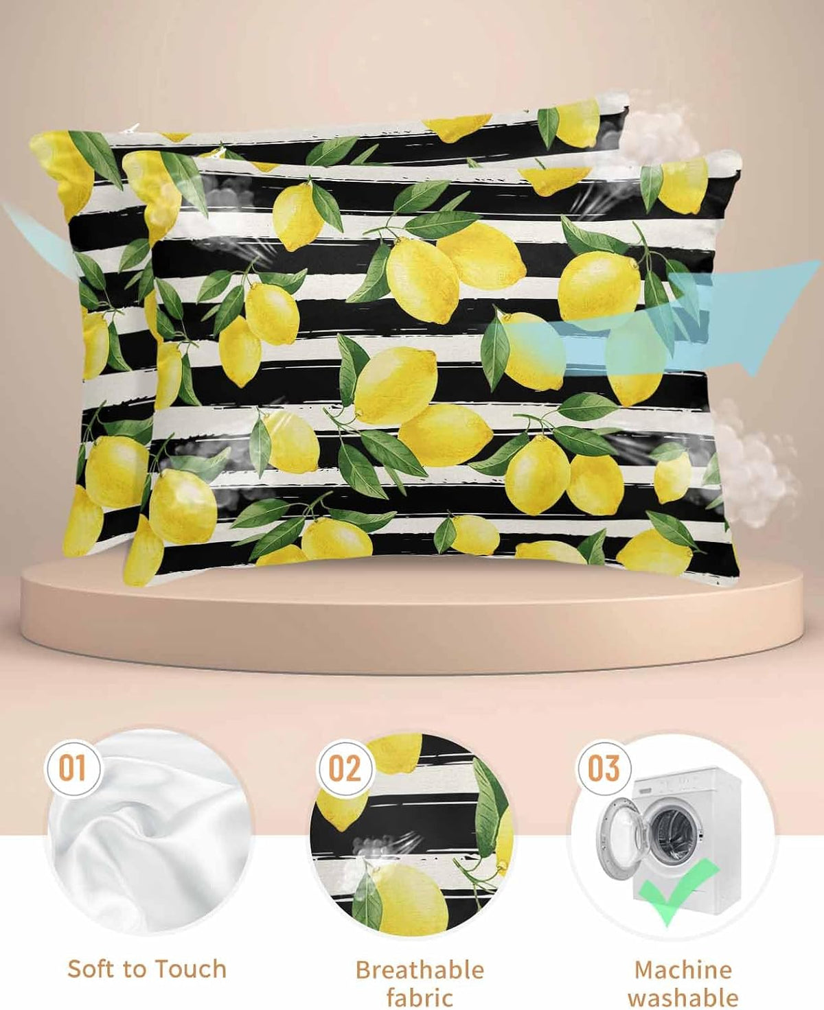 Yellow Lemons Pillow Cases Standard Size Set of 2, Summer Citrus Fruits Leaves Black Stripes Satin Pillowcase with Zipper for Hair/Skin, Decorative Pillow Covers for Bed/Couch/Sofa, 20x26 Inches