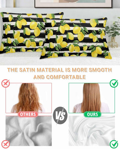 Yellow Lemons Pillow Cases Standard Size Set of 2, Summer Citrus Fruits Leaves Black Stripes Satin Pillowcase with Zipper for Hair/Skin, Decorative Pillow Covers for Bed/Couch/Sofa, 20x26 Inches