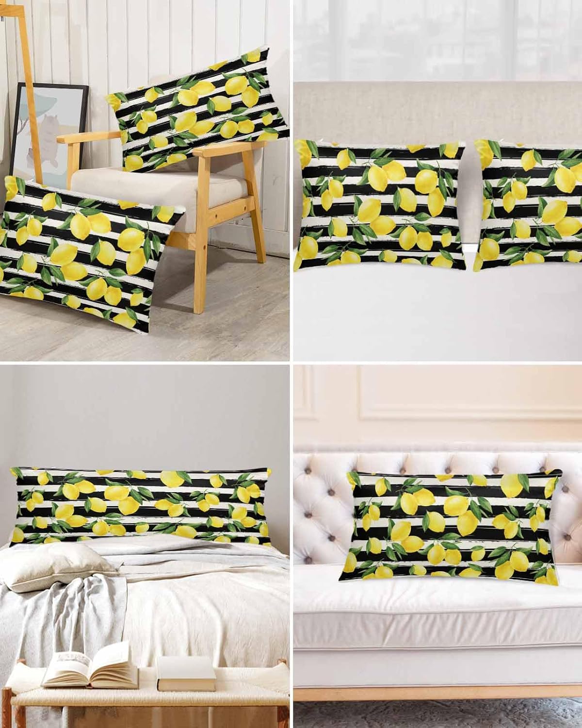 Yellow Lemons Pillow Cases Standard Size Set of 2, Summer Citrus Fruits Leaves Black Stripes Satin Pillowcase with Zipper for Hair/Skin, Decorative Pillow Covers for Bed/Couch/Sofa, 20x26 Inches