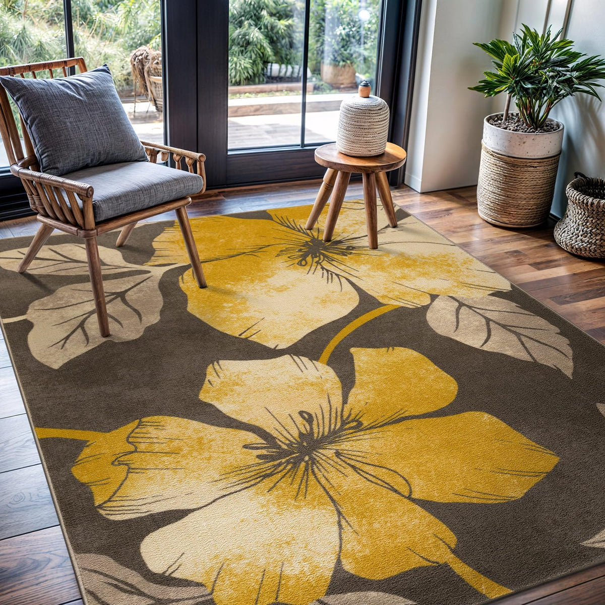 CAMILSON Solana Modern Floral 5x7 Area Rugs Non-Skid (Non-Slip) Rubber Backing Yellow - Brown Flowers Indoor Rug (5 x 7, Yellow Brown)