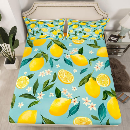 Lemon Bed Sheets Set 16" Deep Pocket for Kids Boys Girls Floral Botanical Fitted Sheet Queen Size Summer Theme Tropical Fruit Bedding Set Yellow Green Bedroom Decor Breathable Soft