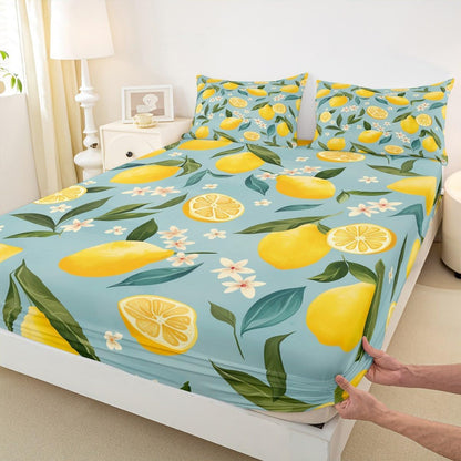 Lemon Bed Sheets Set 16" Deep Pocket for Kids Boys Girls Floral Botanical Fitted Sheet Queen Size Summer Theme Tropical Fruit Bedding Set Yellow Green Bedroom Decor Breathable Soft