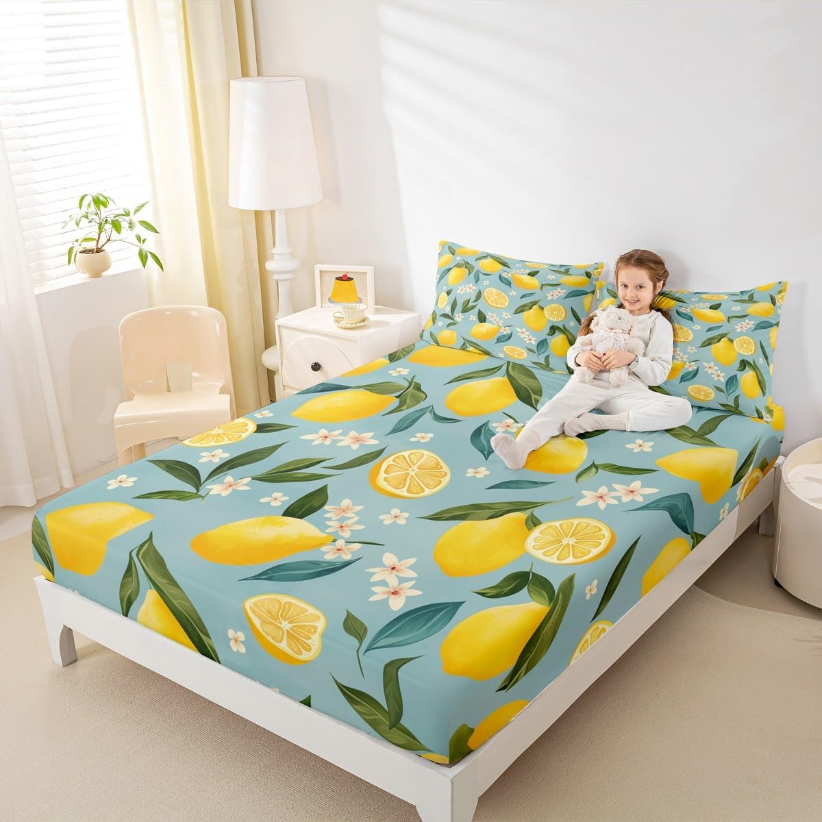 Lemon Bed Sheets Set 16" Deep Pocket for Kids Boys Girls Floral Botanical Fitted Sheet Queen Size Summer Theme Tropical Fruit Bedding Set Yellow Green Bedroom Decor Breathable Soft