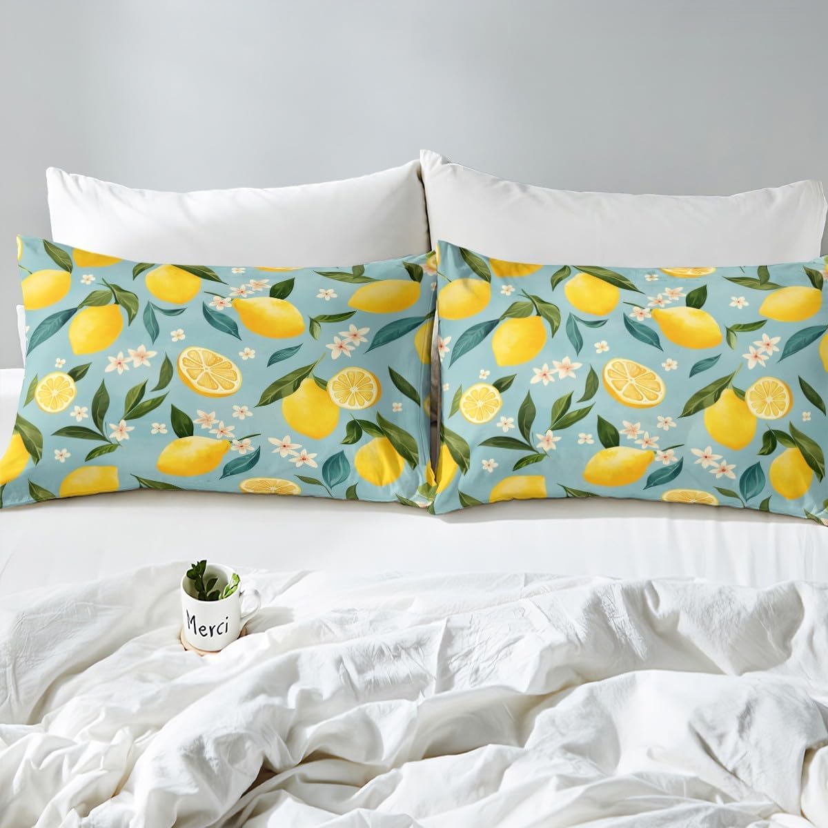Lemon Bed Sheets Set 16" Deep Pocket for Kids Boys Girls Floral Botanical Fitted Sheet Queen Size Summer Theme Tropical Fruit Bedding Set Yellow Green Bedroom Decor Breathable Soft