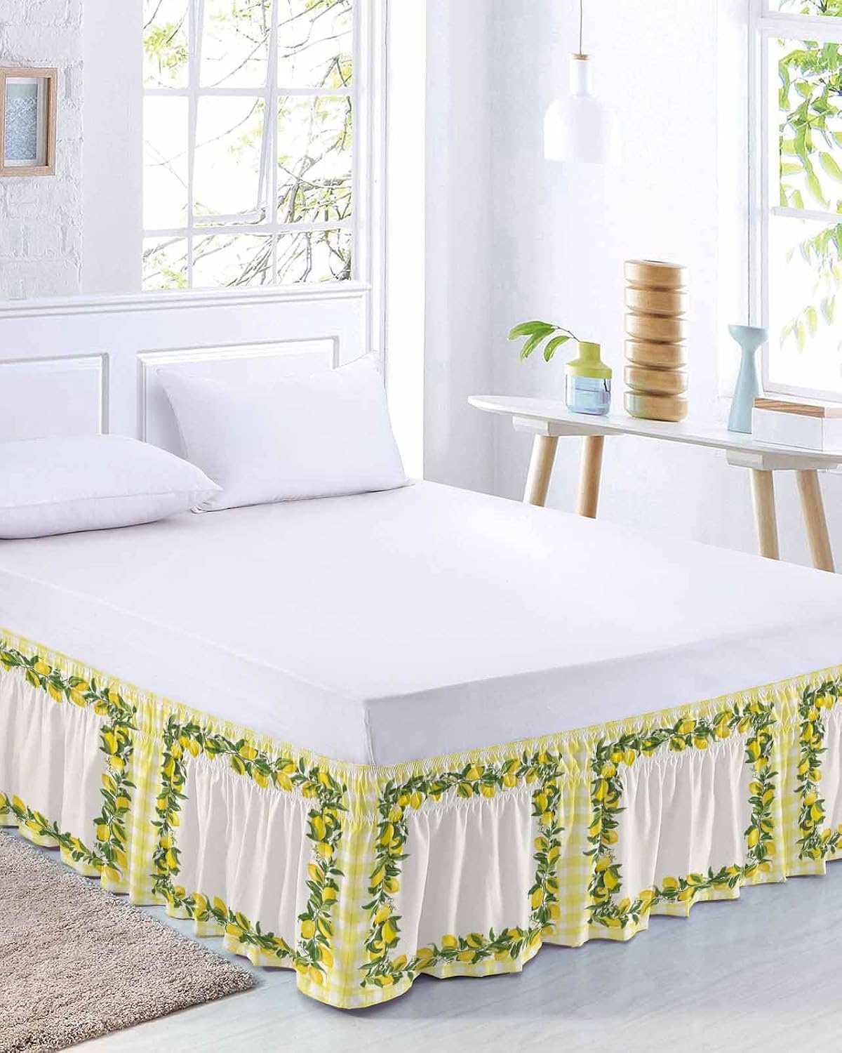 Summer Lemons Bed Skirt Queen Size 16 Inch Drop, Adjustable Elastic Wrap Around Bed Skirts Easy Fitting Dust Ruffle Bedskirt Bed Frame Cover Farmhouse Fruits Yellow Buffalo Plaid