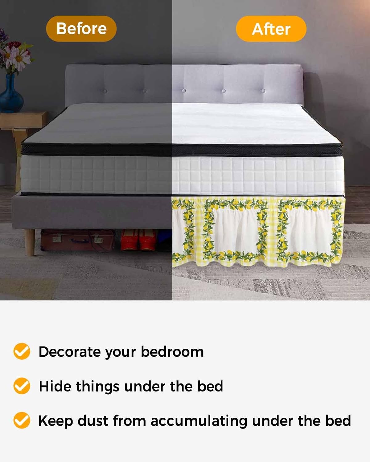 Summer Lemons Bed Skirt Queen Size 16 Inch Drop, Adjustable Elastic Wrap Around Bed Skirts Easy Fitting Dust Ruffle Bedskirt Bed Frame Cover Farmhouse Fruits Yellow Buffalo Plaid