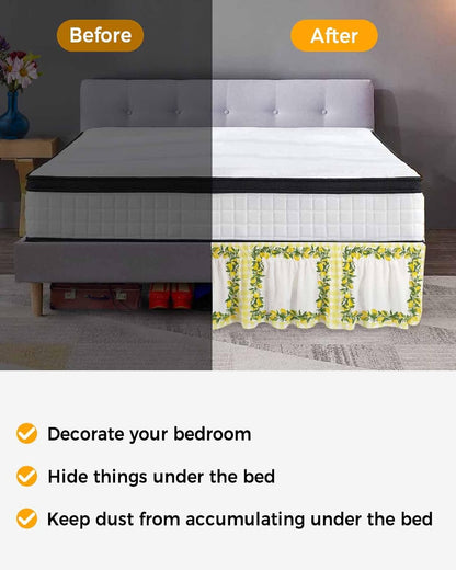 Summer Lemons Bed Skirt Queen Size 16 Inch Drop, Adjustable Elastic Wrap Around Bed Skirts Easy Fitting Dust Ruffle Bedskirt Bed Frame Cover Farmhouse Fruits Yellow Buffalo Plaid