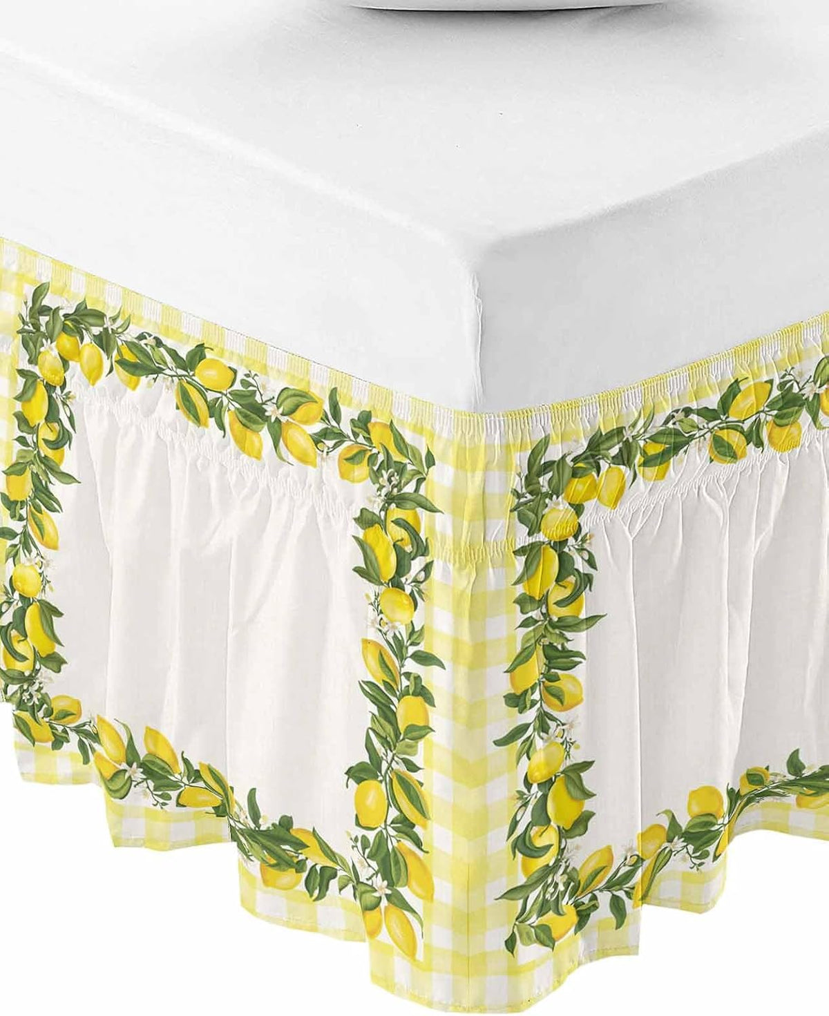 Summer Lemons Bed Skirt Queen Size 16 Inch Drop, Adjustable Elastic Wrap Around Bed Skirts Easy Fitting Dust Ruffle Bedskirt Bed Frame Cover Farmhouse Fruits Yellow Buffalo Plaid