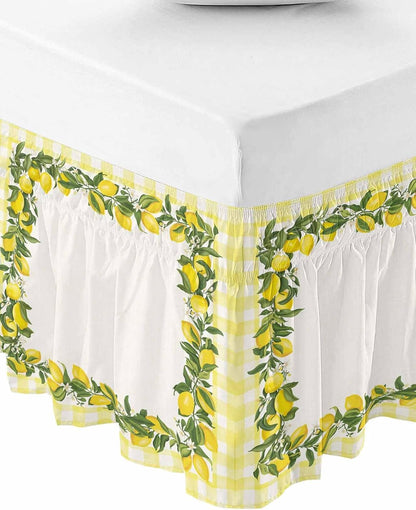 Summer Lemons Bed Skirt Queen Size 16 Inch Drop, Adjustable Elastic Wrap Around Bed Skirts Easy Fitting Dust Ruffle Bedskirt Bed Frame Cover Farmhouse Fruits Yellow Buffalo Plaid