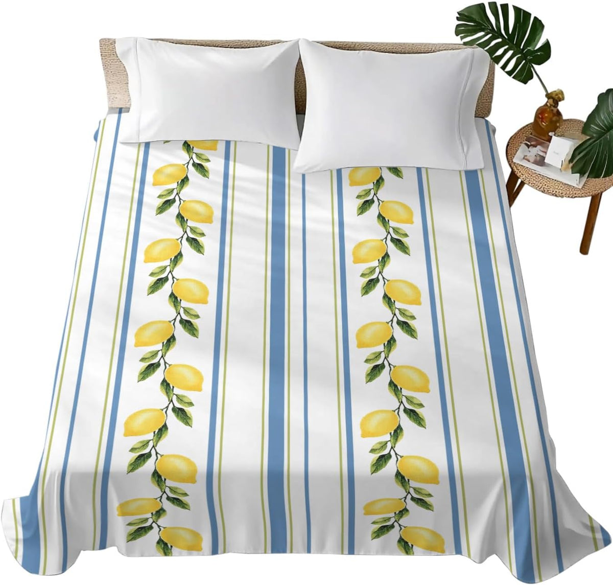 Flat Sheets Queen Size Bedding Sheet,Summer Lemon Leaves Soft Microfiber Breathable Top Sheets for Bedroom Hotel Luxury-1 Bed Flat Sheet Only,Blue Yellow Striped