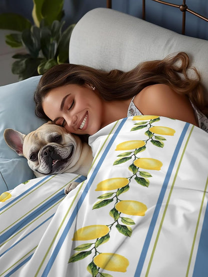 Flat Sheets Queen Size Bedding Sheet,Summer Lemon Leaves Soft Microfiber Breathable Top Sheets for Bedroom Hotel Luxury-1 Bed Flat Sheet Only,Blue Yellow Striped