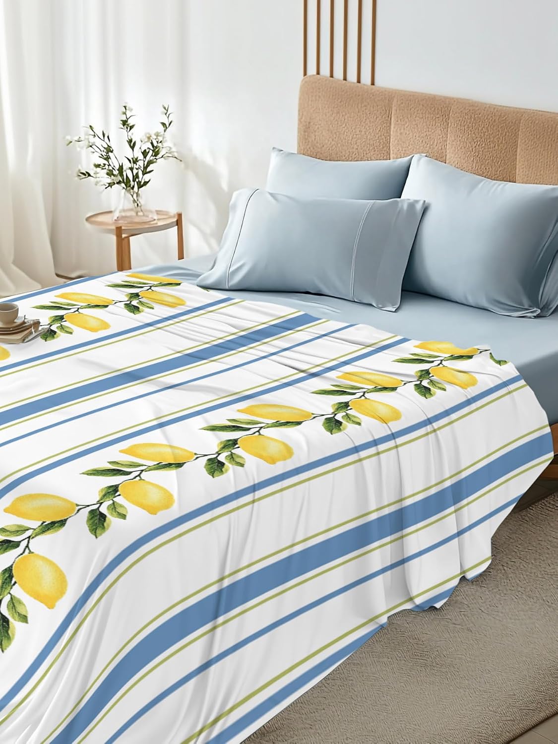 Flat Sheets Queen Size Bedding Sheet,Summer Lemon Leaves Soft Microfiber Breathable Top Sheets for Bedroom Hotel Luxury-1 Bed Flat Sheet Only,Blue Yellow Striped