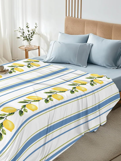 Flat Sheets Queen Size Bedding Sheet,Summer Lemon Leaves Soft Microfiber Breathable Top Sheets for Bedroom Hotel Luxury-1 Bed Flat Sheet Only,Blue Yellow Striped
