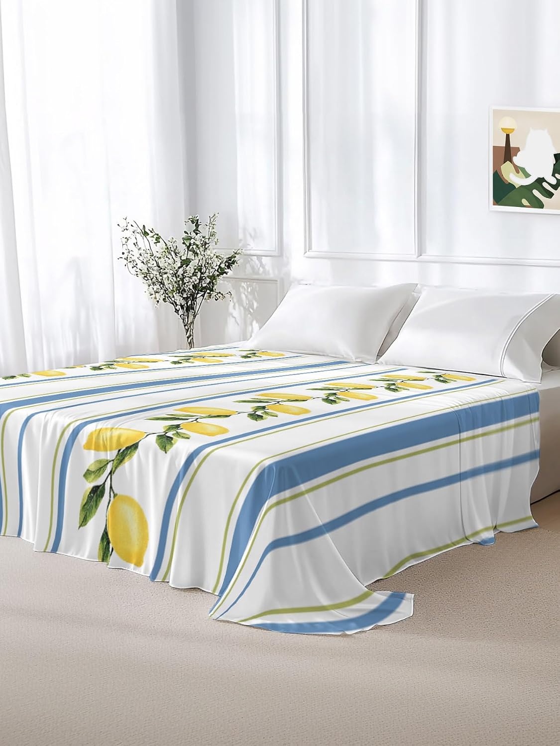 Flat Sheets Queen Size Bedding Sheet,Summer Lemon Leaves Soft Microfiber Breathable Top Sheets for Bedroom Hotel Luxury-1 Bed Flat Sheet Only,Blue Yellow Striped