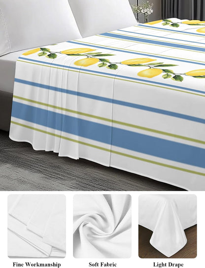 Flat Sheets Queen Size Bedding Sheet,Summer Lemon Leaves Soft Microfiber Breathable Top Sheets for Bedroom Hotel Luxury-1 Bed Flat Sheet Only,Blue Yellow Striped