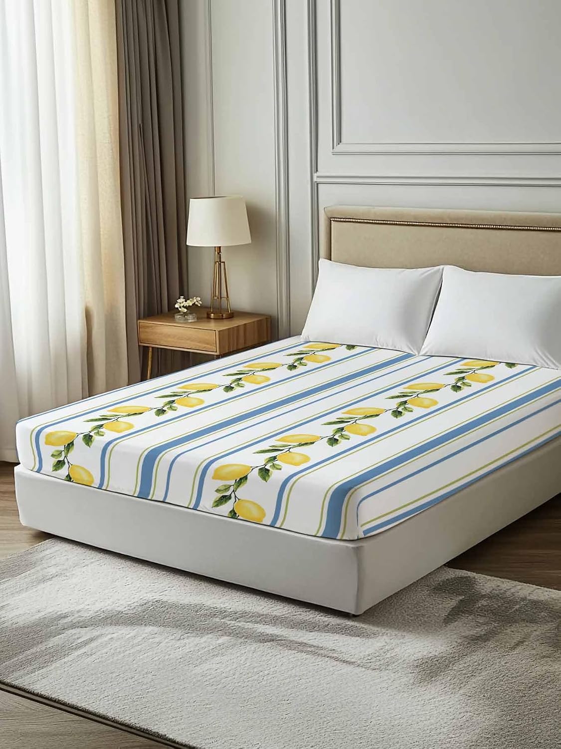 Flat Sheets Queen Size Bedding Sheet,Summer Lemon Leaves Soft Microfiber Breathable Top Sheets for Bedroom Hotel Luxury-1 Bed Flat Sheet Only,Blue Yellow Striped