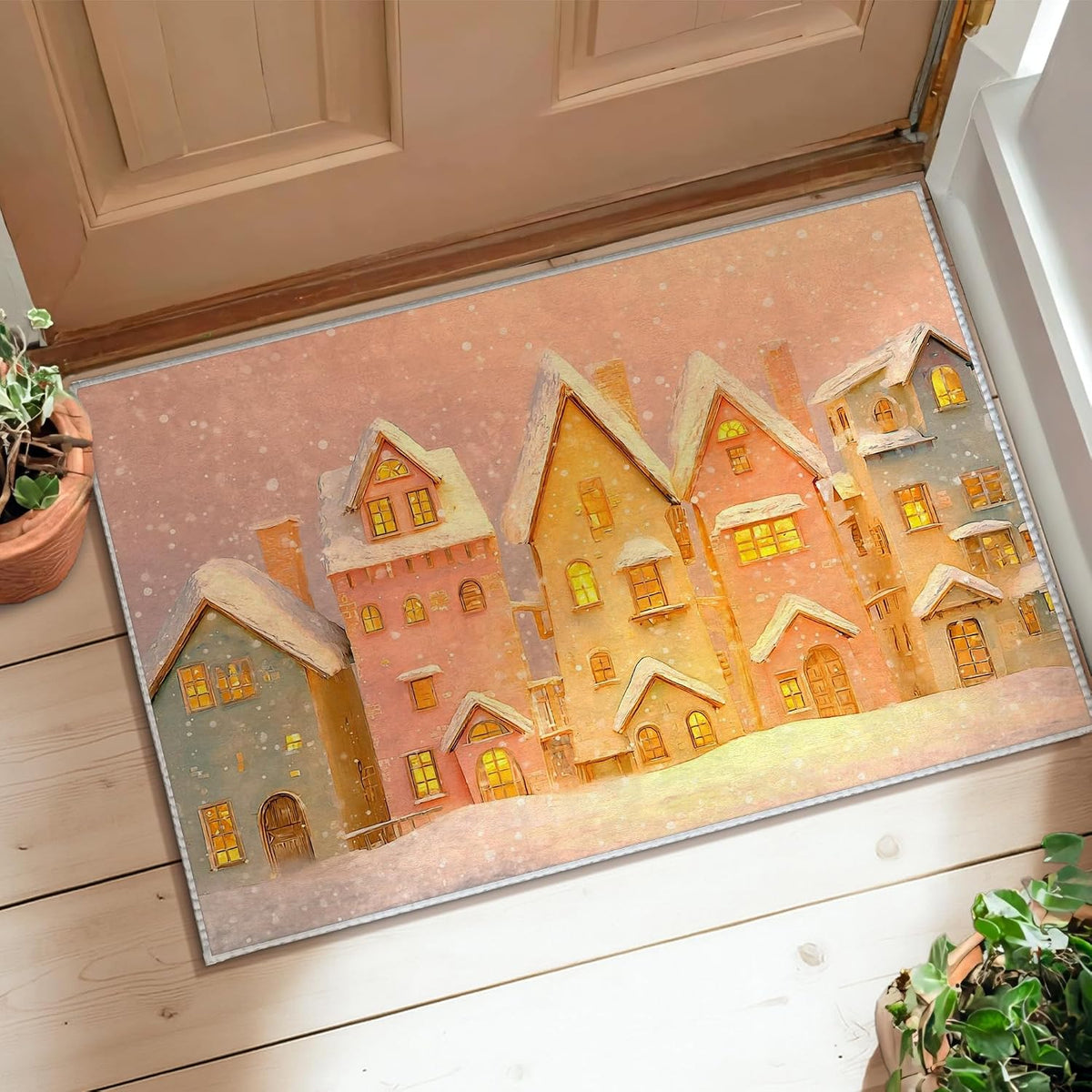 Houses Area Rug, Winter Cozy Snow Windows Winter Warm Yellow Low Pile Doormat Throw Rug Edge Binding Laundry Room Bathroom Doorway Entryway Decor 2' x 3'