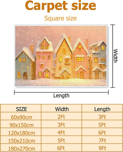 Houses Area Rug, Winter Cozy Snow Windows Winter Warm Yellow Low Pile Doormat Throw Rug Edge Binding Laundry Room Bathroom Doorway Entryway Decor 2' x 3'